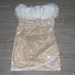 Sequin Gold Party Dress with Feather Boa Trim Medium